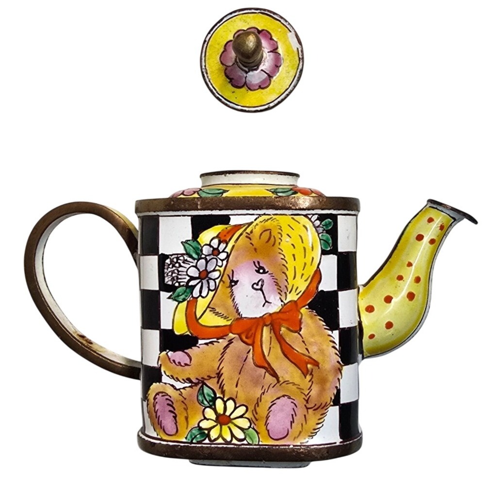 Kelvin‎ Chen Miniature Teapot 1999 No 249 Teddy Bear Enamel Copper Hand Painted